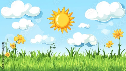 Sunny meadow, flowers, blue sky, clouds, nature scene, children's book