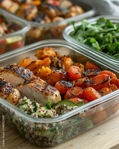 Organized meal prep scene featuring glass containers with balanced portions of grilled chicken, quinoa, roasted vegetables, and fresh greens, captured in soft natural light.