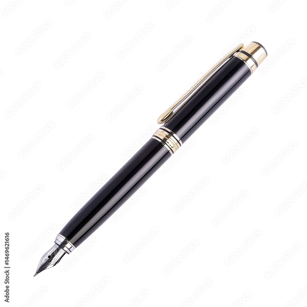 Elegant black fountain pen with gold accents, isolated on a white background, symbolizing professionalism and sophistication in writing. Elegant black fountain pen with gold accents, isolated on a white background, symbolizing professionalism and sophistication in writing.