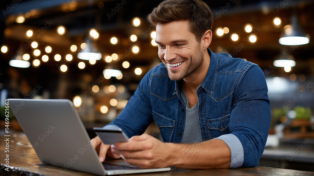 Attraktiver junger Mann nutzt lächelnd einen Laptop im Café Attraktiver junger Mann nutzt lächelnd einen Laptop im Café