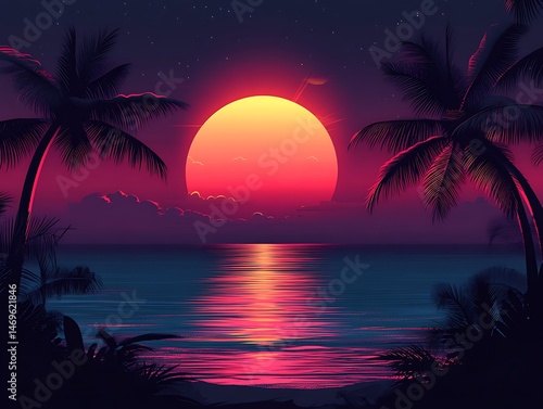 Tropical sunset over ocean, vibrant colors, digital art, background image, illustration