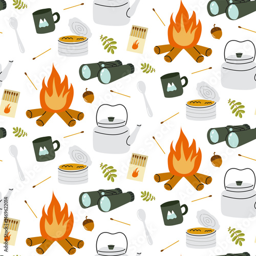 Camping essentials pattern featuring a cozy campfire and outdoor gear in a fun design