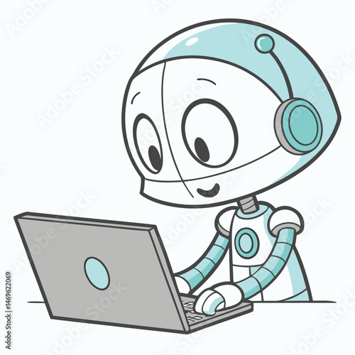 cute robot working on laptop, cartoon style clip art preview