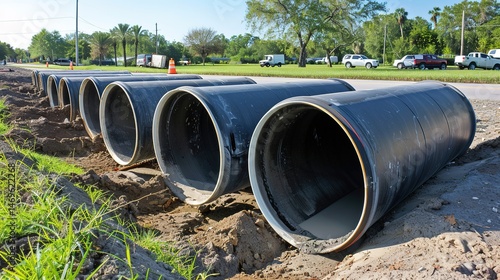 Wallpaper Mural Sewage pipes exposed on an urban street, showing the infrastructure beneath city roads, with some pipes partially broken and surrounded by concrete and debris. Torontodigital.ca