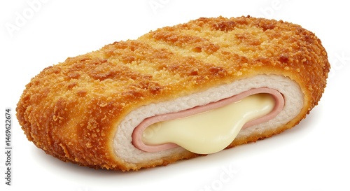 Chicken Cordon Bleu with ham and cheese filling on white background