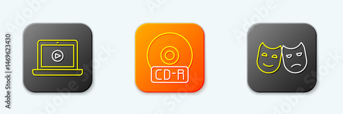 Set line Online play video, CD or DVD disk and Comedy and tragedy masks icon. Vector