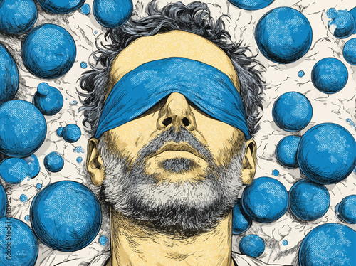 A man with a blindfold sits calmly, his gaze directed upward. He is surrounded by an array of vibrant blue spheres, creating an intriguing and surreal atmosphere.