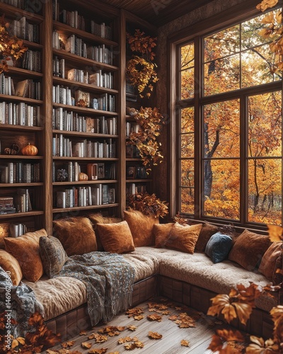Cozy autumn reading nook with a large window