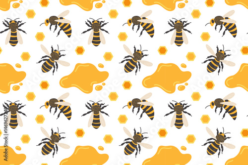 Brightly colored bees and honey pattern in a whimsical design for playful decor