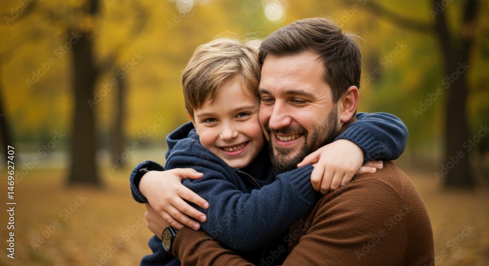 Father and son hugging in an autumn park with yellow leaves visible in the background smiling warmly Father and son hugging in an autumn park with yellow leaves visible in the background smiling warmly