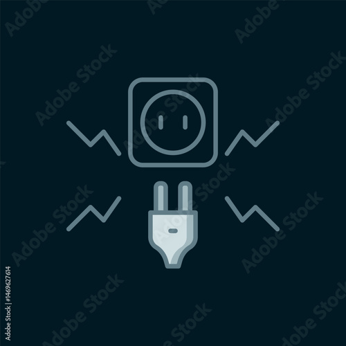Line Connecting electric plug with electricity spark icon isolated on black background. Flat filled outline style with shadow. Vector