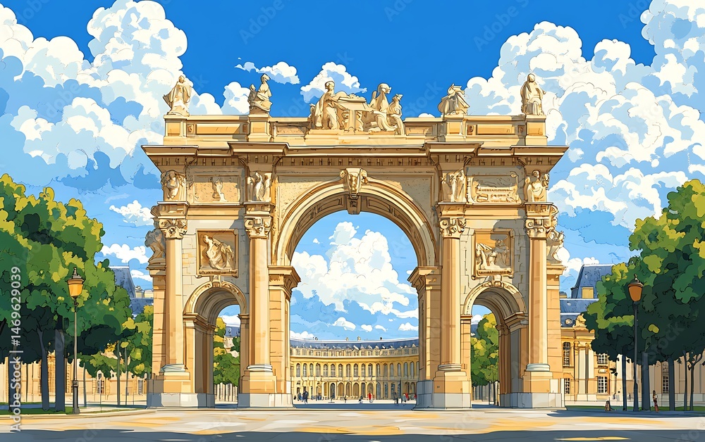 Obraz premium European triumphal arch, sunny day, city square, view, illustration, background, stock photo