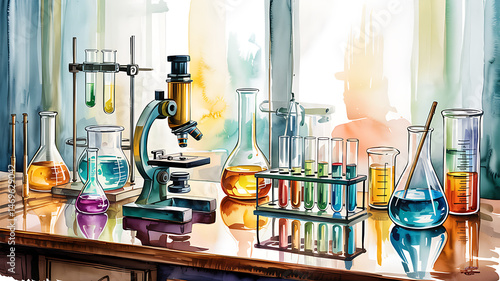 Vibrant watercolor illustration of a laboratory with scientific equipment and colorful liquids