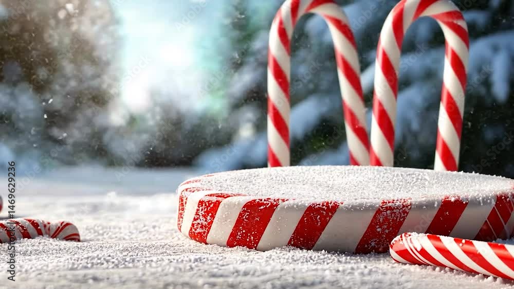 Candy cane platform amidst snowy wonderland