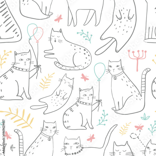 Seamless pattern with cute Kittens in diferent style. Creative childish texture. Great for fabric, textile Vector Illustration
