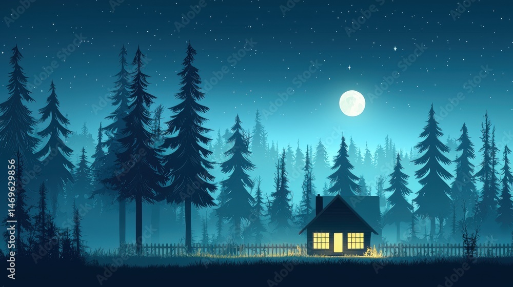 Obraz premium A cozy cabin nestled in a forest, illuminated by a warm glow, with a full moon and twinkling stars in the night sky.