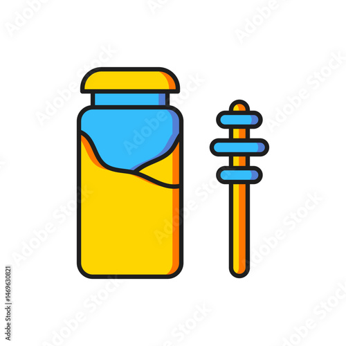 Color Jar of honey and honey dipper stick icon isolated on white background. Food bank. Sweet natural food symbol. Honey ladle. Flat filled outline style with shadow. Vector