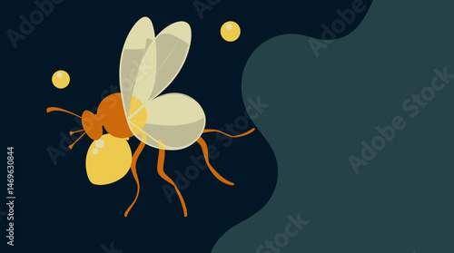 Modern flat design illustration of a flying bee carrying a grain of pollen in its legs, set against a dark gray and black background with copy space