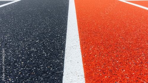 A close-up view of a red and black asphalt road with a white line dividing the two colors.