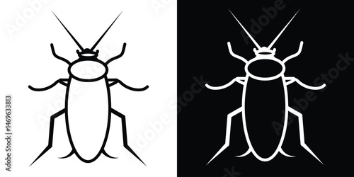 Cockroach icon vector in black and white. Minimal pest insect silhouette perfect for pest control, extermination service, hygiene awareness, health hazard symbols, and infographic use.
