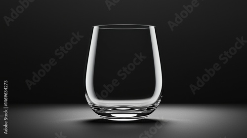 An elegant crystal clear glass tumbler glistens subtly under the soft studio lighting against a dark backdrop highlighting its smooth contours and simple design.