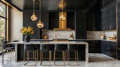 A modern kitchen featuring bold black cabinets, marble countertops and gold hardware.