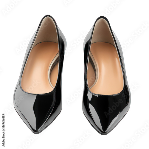 Elegant black patent leather pointed toe high heels on white background