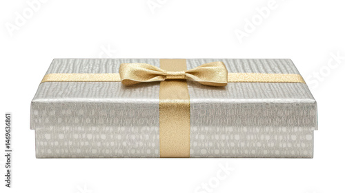 Silver gift box with golden ribbon on white background presenting elegant luxury