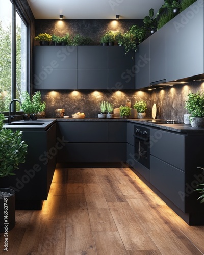Modern, dark kitchen with greenery.  Illuminated by subtle lights, featuring plants and a warm aesthetic