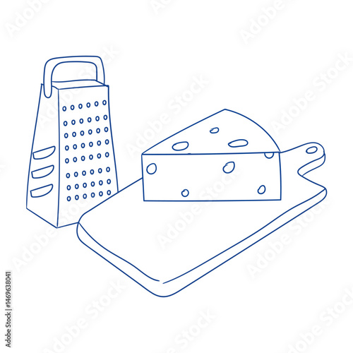 Cheese grater and cheese wedge on cutting board in kitchen setting