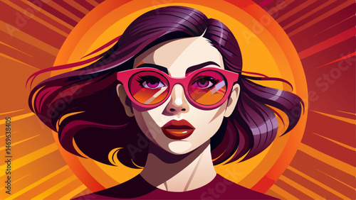Stylish woman burgundy eyewear portrait against neon orange backdrop. Modern fashion lifestyle shot. Trendy sunglasses, red lips. Model look, creative 