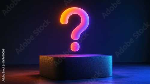 Neon question mark on a platform