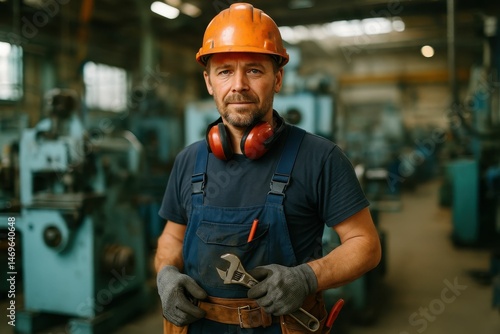 A worker in mechanical engineering is equipped with various tools and machinery to perform their job