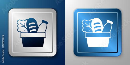 White Paper shopping bag and food icon isolated on blue and grey background. Food store, supermarket. Silver and blue square button. Vector