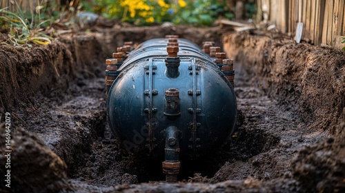 Dark grey cylindrical tank being installed underground.