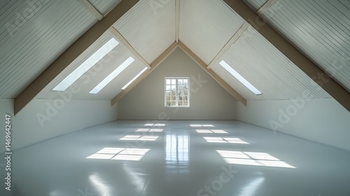 Bright attic room with shiny floor and sunlight streaming through skylights.
