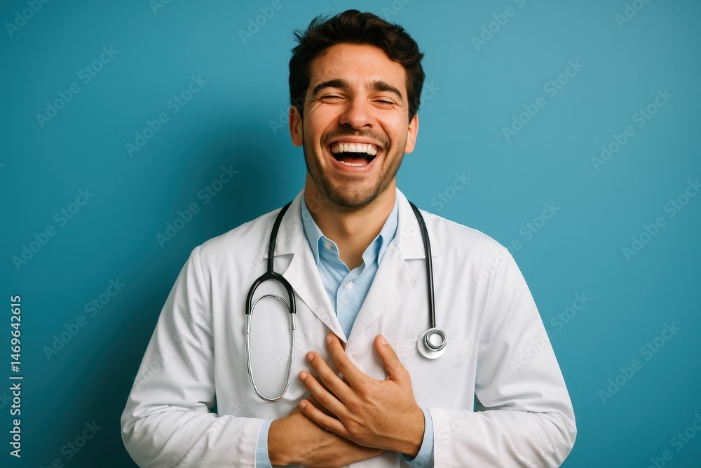 A young male doctor stands alone in front of a blue wall with a big smile A young male doctor stands alone in front of a blue wall with a big smile