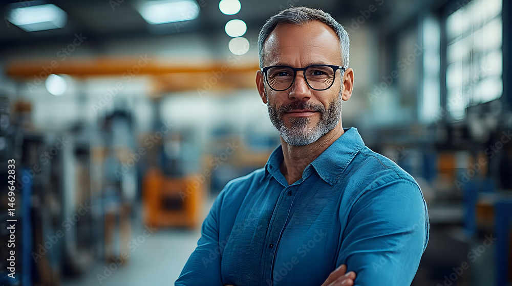 Obraz premium A man in a blue shirt and glasses stands in a factory
