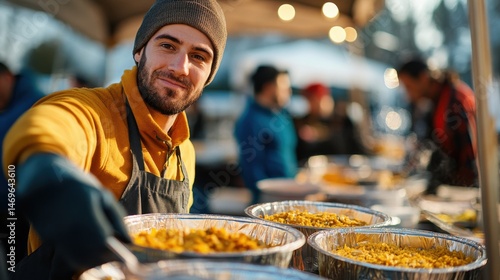 A young man smiles warmly as he serves food from large catering dishes.  He's wearing a mustard yellow shirt and an apron.