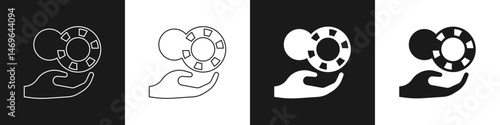 Set Hand holding casino chips icon isolated on black and white background. Casino gambling. Vector