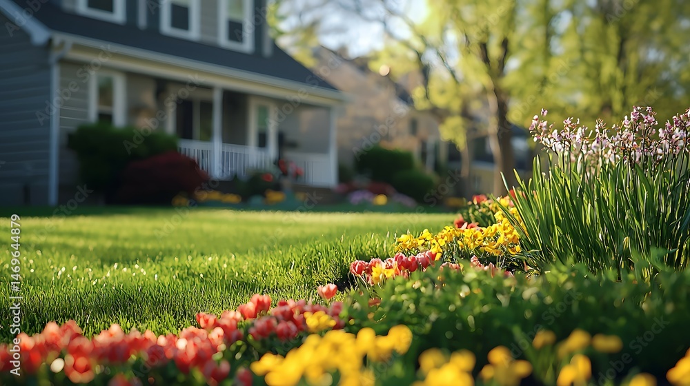 Obraz premium Modern Home with Green Lawn and Colorful Flower Garden in Front Yard
