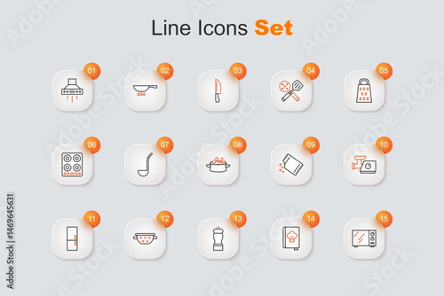 Set line Microwave oven, Cookbook, Pepper, Kitchen colander, Refrigerator, meat grinder, Packet of pepper and Cooking pot icon. Vector
