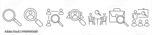 Search magnifying glass icon set. Containing recruitment, hiring, look for people, teamwork, human resource, work, candidate, employee, job, occupation, addition. Vector illustration