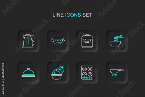 Set line Frying pan on fire, Gas stove, Measuring cup and bowl, Covered with tray of food, Asian noodles, Slow cooker, Kitchen colander and Electric kettle icon. Vector