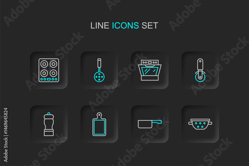 Set line Kitchen colander, Frying pan, Cutting board, Pepper, Pizza knife, Oven, Spatula and Gas stove icon. Vector