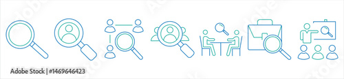 Search magnifying glass icon set. Containing recruitment, hiring, look for people, teamwork, human resource, work, candidate, employee, job, occupation, addition. Vector illustration
