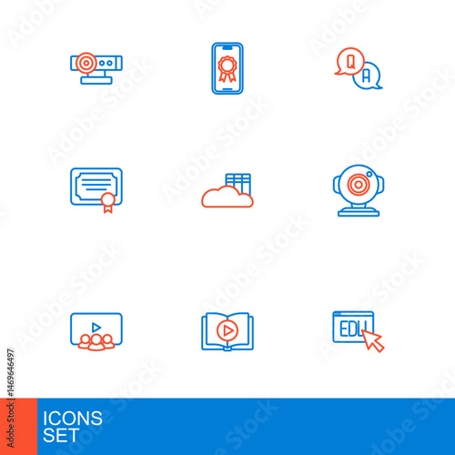 Set line Online education, Audio book, class, Web camera, Certificate template, Cloud or online library, Question and Answer and with diploma icon. Vector