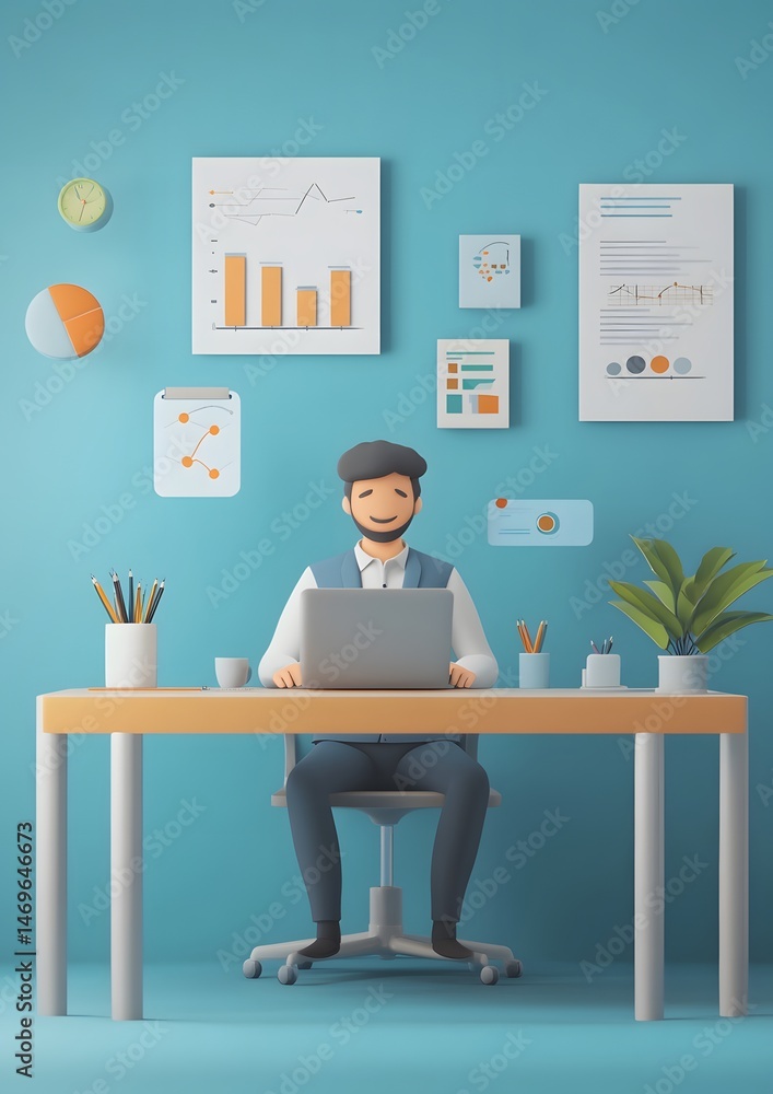 3D businessman using laptop at desk with infographic floating around, minimal setup, 3D businessman using laptop at desk with infographic floating around, minimal setup,