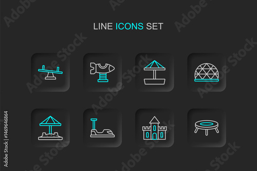 Set line Jumping trampoline, Sand castle, Bumper car, Sandbox with sand, Playground climbing equipment, Swing plane and Seesaw icon. Vector