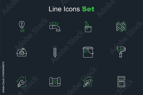 Set line Hammer and wrench spanner, House with trowel, plan, Paint roller brush, bucket, Pencil eraser and icon. Vector